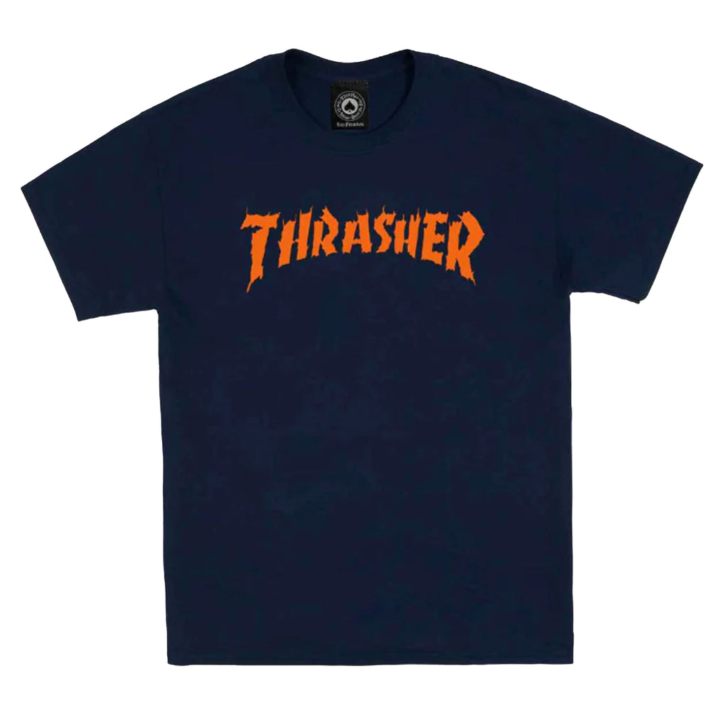 A navy Thrasher Burn It Down t-shirt with orange lettering.