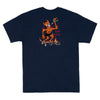 A Thrasher Burn It Down Tee Navy with an image of a man on a skateboard.