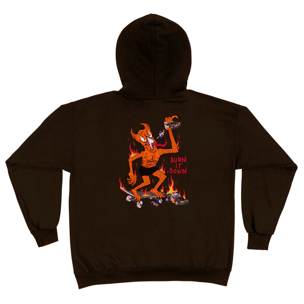 A brown Thrasher Burn It Down hoodie with a cartoon character on it.