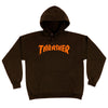 A brown Thrasher Burn It Down hoodie with the word Thrash printed on it.