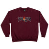 A THRASHER COP CAR CREWNECK MAROON sweatshirt with the brand name THRASHER printed on it.