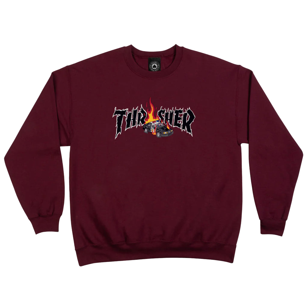 A THRASHER COP CAR CREWNECK MAROON sweatshirt with the brand name THRASHER printed on it.