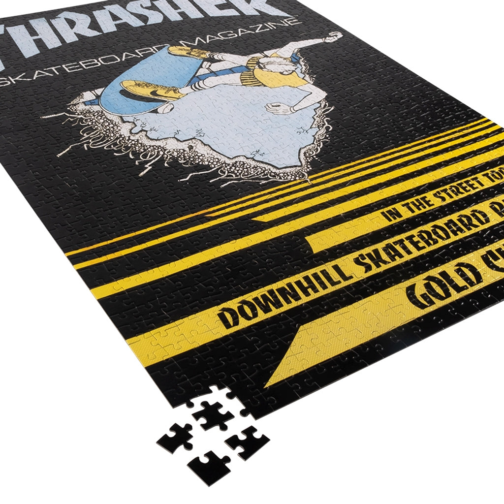 A Thrasher puzzle piece with a cartoon character on it.