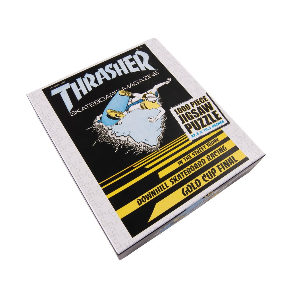 A THRASHER FIRST COVER PUZZLE with a picture of a person riding a skateboard.