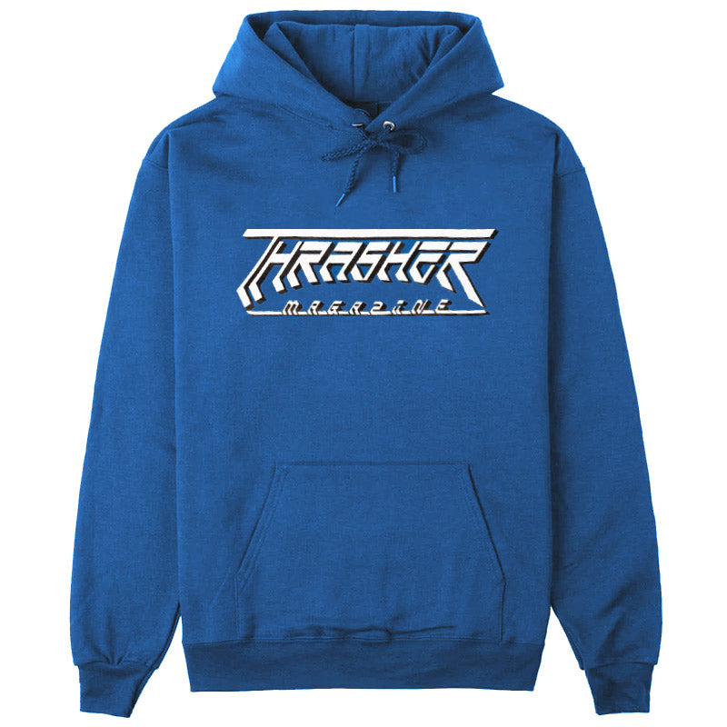 A THRASHER blue hoodie with the words freezer on it.