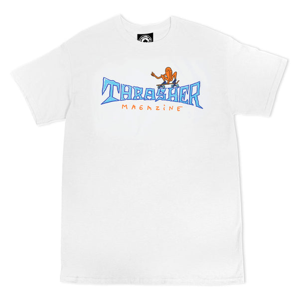 A THRASHER GONZ THUMBS UP TEE in white, showcasing a blue and orange "Thrasher Magazine" logo with a cartoon character resembling Gonz sitting on the first "A" in "Thrasher.