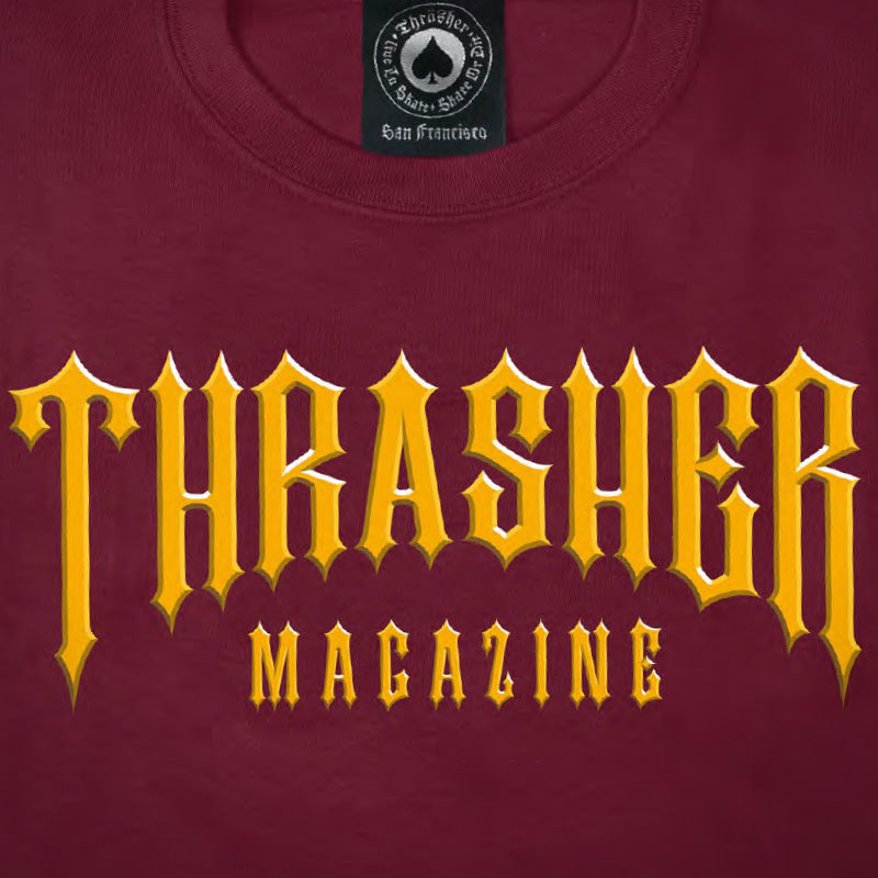Maroon THRASHER LOW LOW LOGO TEE featuring the iconic magazine logo.