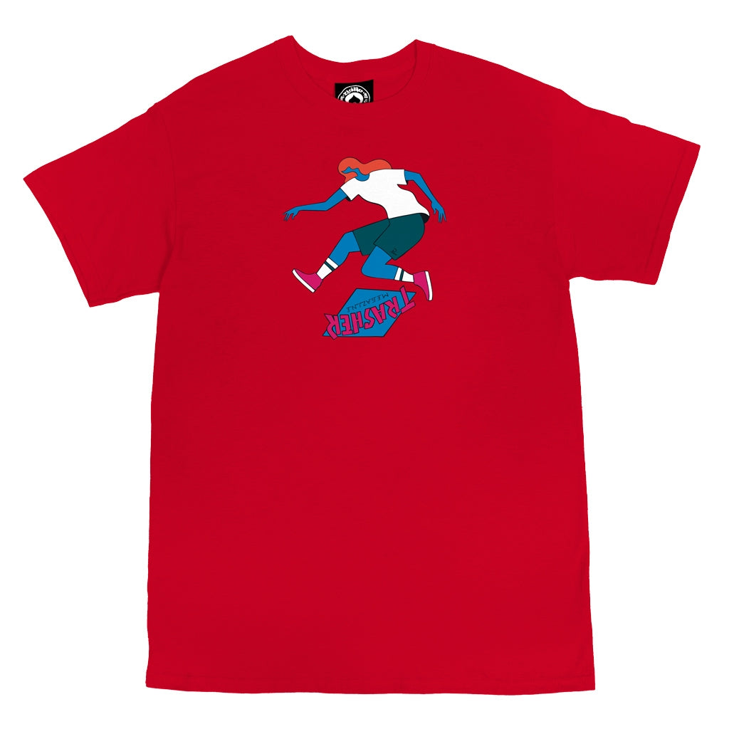 A THRASHER red t-shirt with a picture of a person on a snowboard.