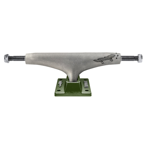 A THUNDER skateboard with a green base on a white background.