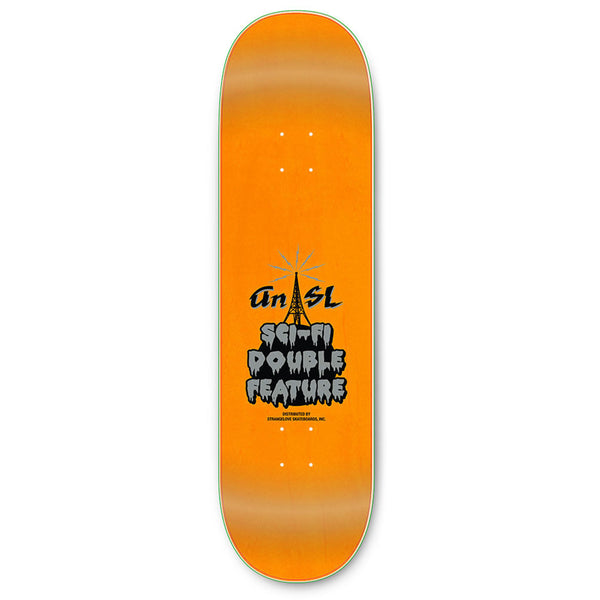 Orange skateboard deck from the STRANGE LOVE THE DOCTOR *SIGNED collection, featuring Sean Cliver artwork with “An AL Sci-Fi Double Feature” printed in black and white text in the center, crafted by PS Stix manufacturing for STRANGELOVE.