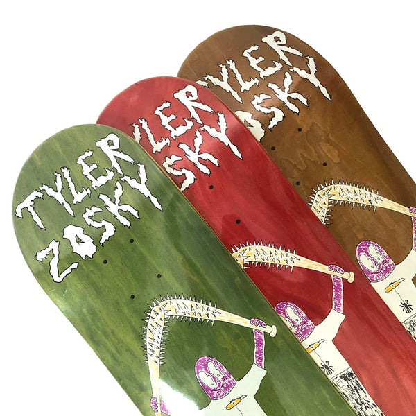 Close-up of a wooden skateboard deck with the words "LOST SOUL TYLER ZOSKY BATS" printed in white block letters, featuring a jagged, distressed design. This product is by Lost Soul Skateboards.
