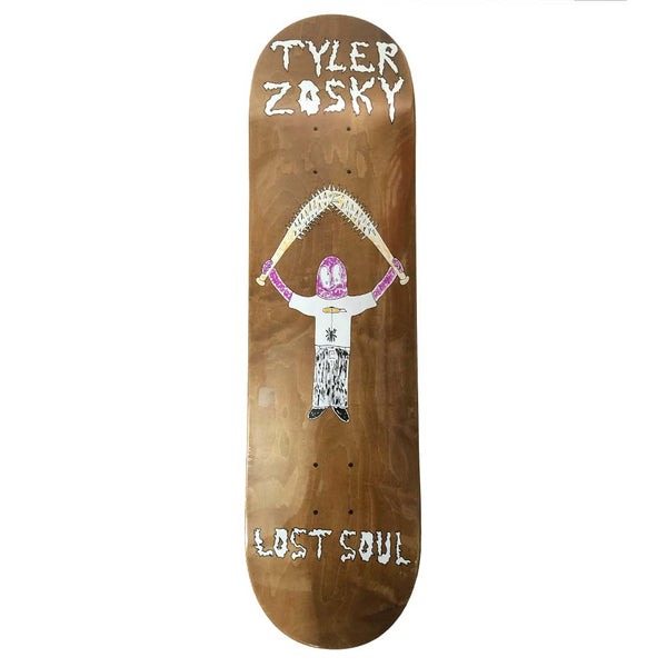 Close-up of a wooden skateboard deck with the words "LOST SOUL TYLER ZOSKY BATS" printed in white block letters, featuring a jagged, distressed design. This product is by Lost Soul Skateboards.