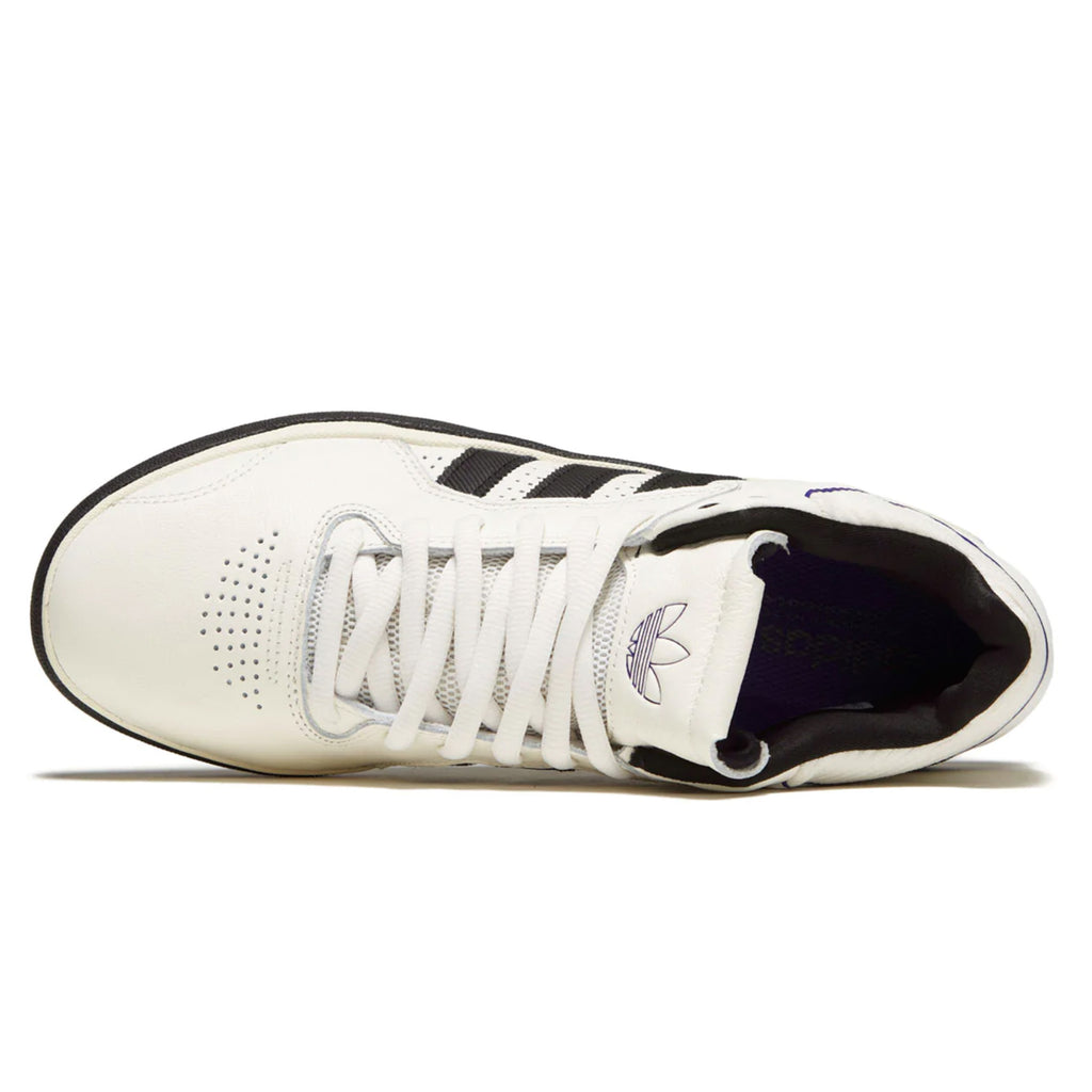 A pair of ADIDAS TYSHAWN CLOUD WHITE / CORE BLACK / PURPLE sneakers with black accents.