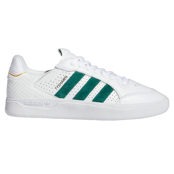 A white and green ADIDAS Tyshawn Low Flat White / Collegiate Green / Metallic Gold sneakers.