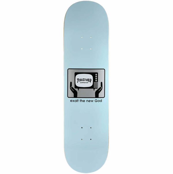A blue ALIEN WORKSHOP X THRASHER EXALT skateboard with an ALIEN WORKSHOP logo on it.