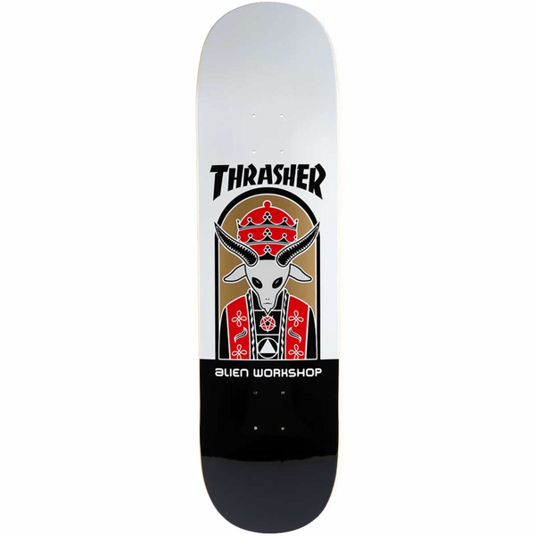 A skateboard with the brand name ALIEN WORKSHOP and the product name ALIEN WORKSHOP X THRASHER PRIEST on it.