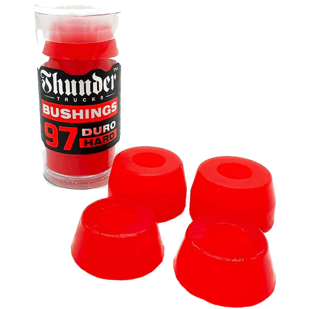 A set of DELUXE THUNDER PREMIUM BUSHING 97D RED in a plastic container.