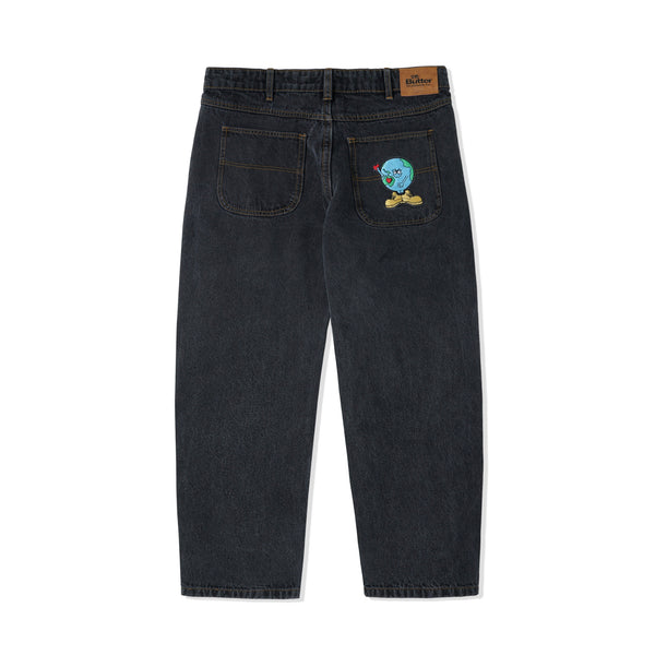 The BUTTER GOODS TIMBO DENIM PANT WASHED BLACK is a stylish pair of jeans by Butter Goods with an embroidered patch on the back.