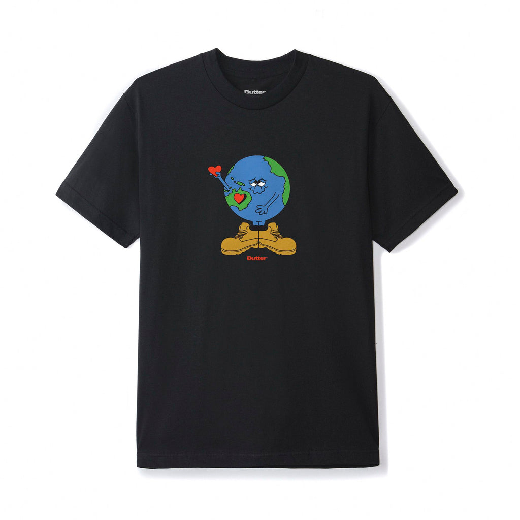 a black tshirt with an image of an animated earth wearing shoes
