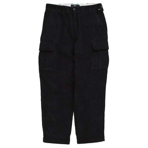 A pair of VANS Corduroy Loose Tapered Cargo Pants in black on a white background.