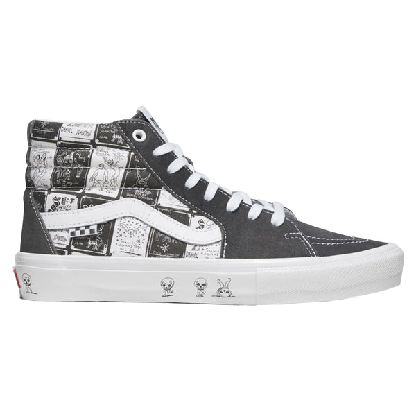 A black and white VANS SKATE SK8-HI DANIEL JOHNSTON RAVEN high top sneaker with a pattern on the side.