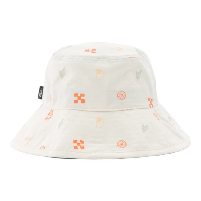 A white VANS LIZZIE ARMANTO BUCKET HAT with orange designs.