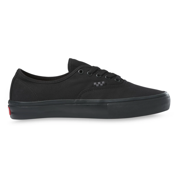 A pair of Vans Skate Authentic Black/Black shoes with a red sole.