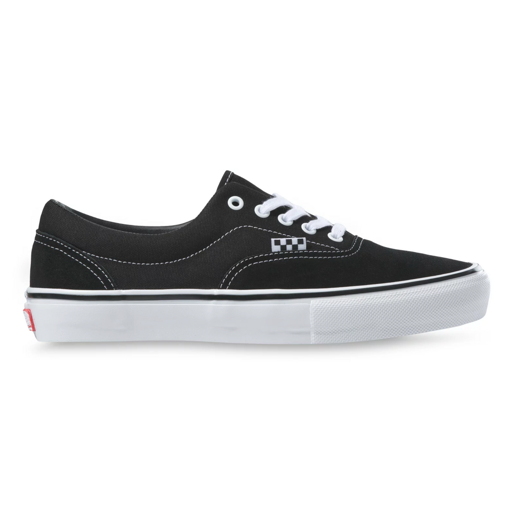 A Vans Skate Era Black/White shoe with white laces.