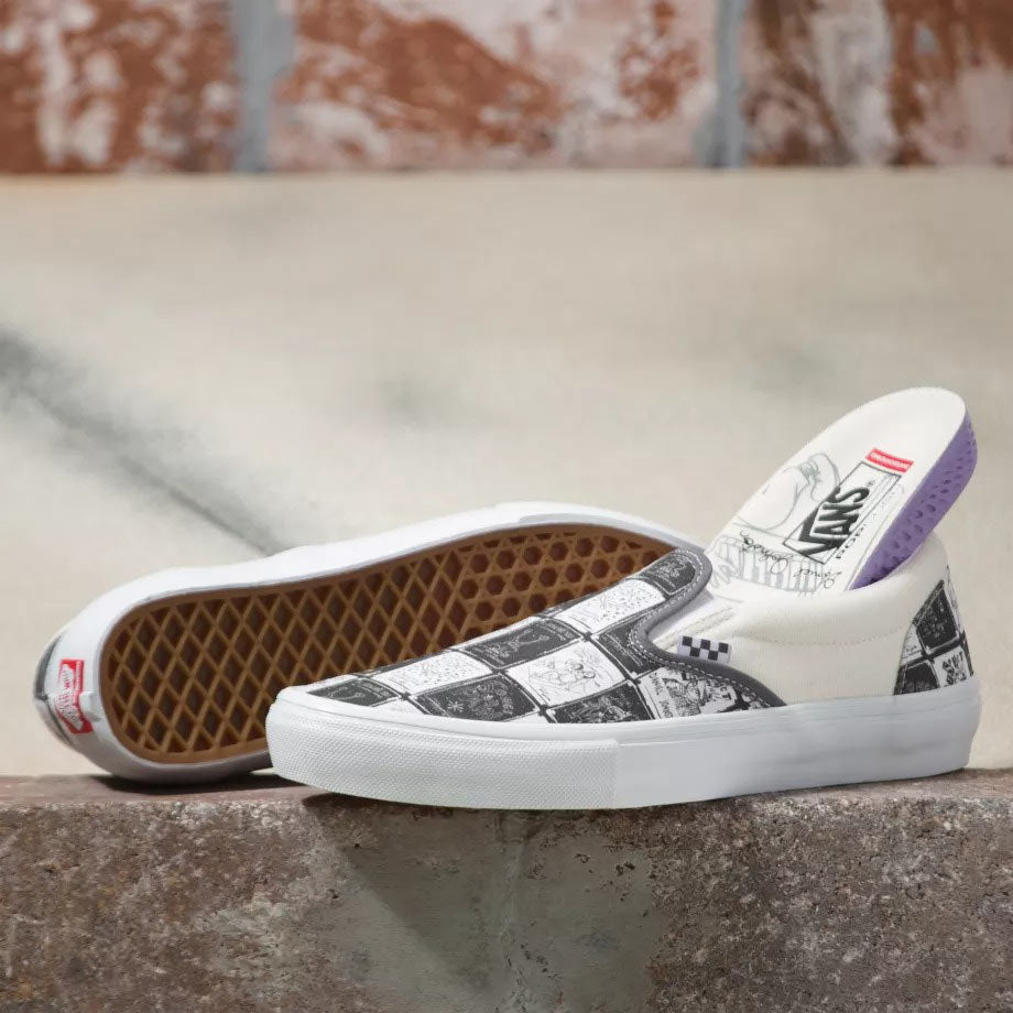 VANS SKATE ERA DANIEL JOHNSTON RAVEN SLIP-ON shoes with checkerboard pattern, perfect for skateboarders.