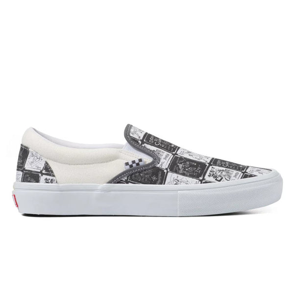 VANS SKATE ERA DANIEL JOHNSTON RAVEN SLIP-ON shoes in black and white, perfect for skateboarding enthusiasts.