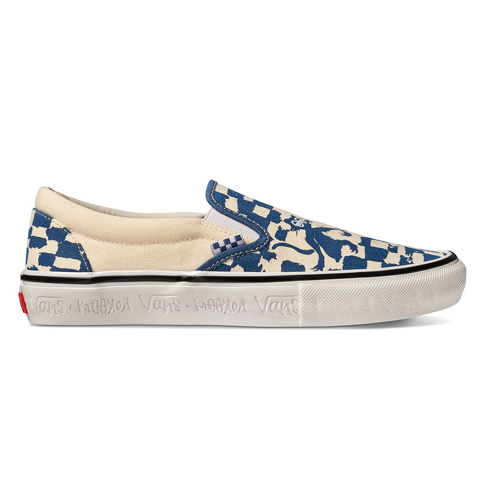 VANS SKATE SLIP ON KROOKED RAY X NATAS-inspired Vans slip-on shoes with a blue and white checkered pattern.