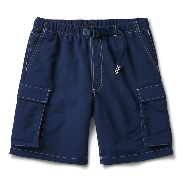 A boy's VANS Zion Wright shorts dress blues with a white checkerboard on the side.