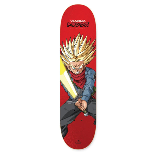 The PRIMITIVE DB SUPER VIANNA FUTURE TRUNKS skateboard deck by PRIMITIVE features Future Trunks with spiky blond hair, a red scarf, and a sword on a bold red background with Japanese text at the top.