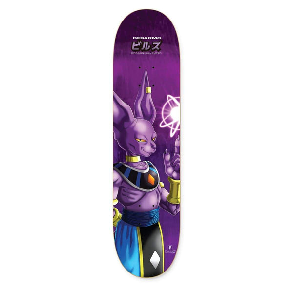 The PRIMITIVE DB SUPER DESARMO DESTROYER skateboard deck by PRIMITIVE showcases Beerus from Dragon Ball Super holding a glowing orb on a purple backdrop—a must-have collab for fans.