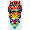 A white skateboard with colorful designs and a WELCOME TRIGER ON DARK LORD WHITE DIP.