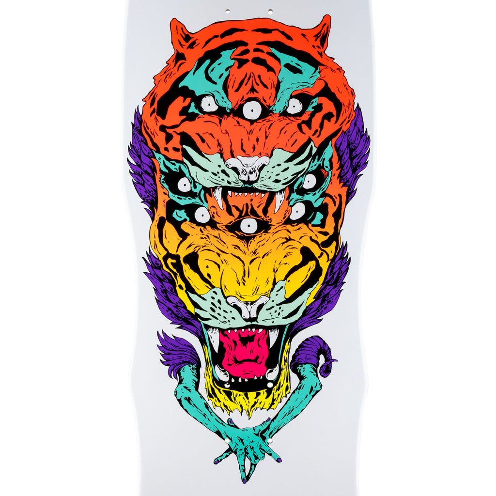 A white skateboard with colorful designs and a WELCOME TRIGER ON DARK LORD WHITE DIP.