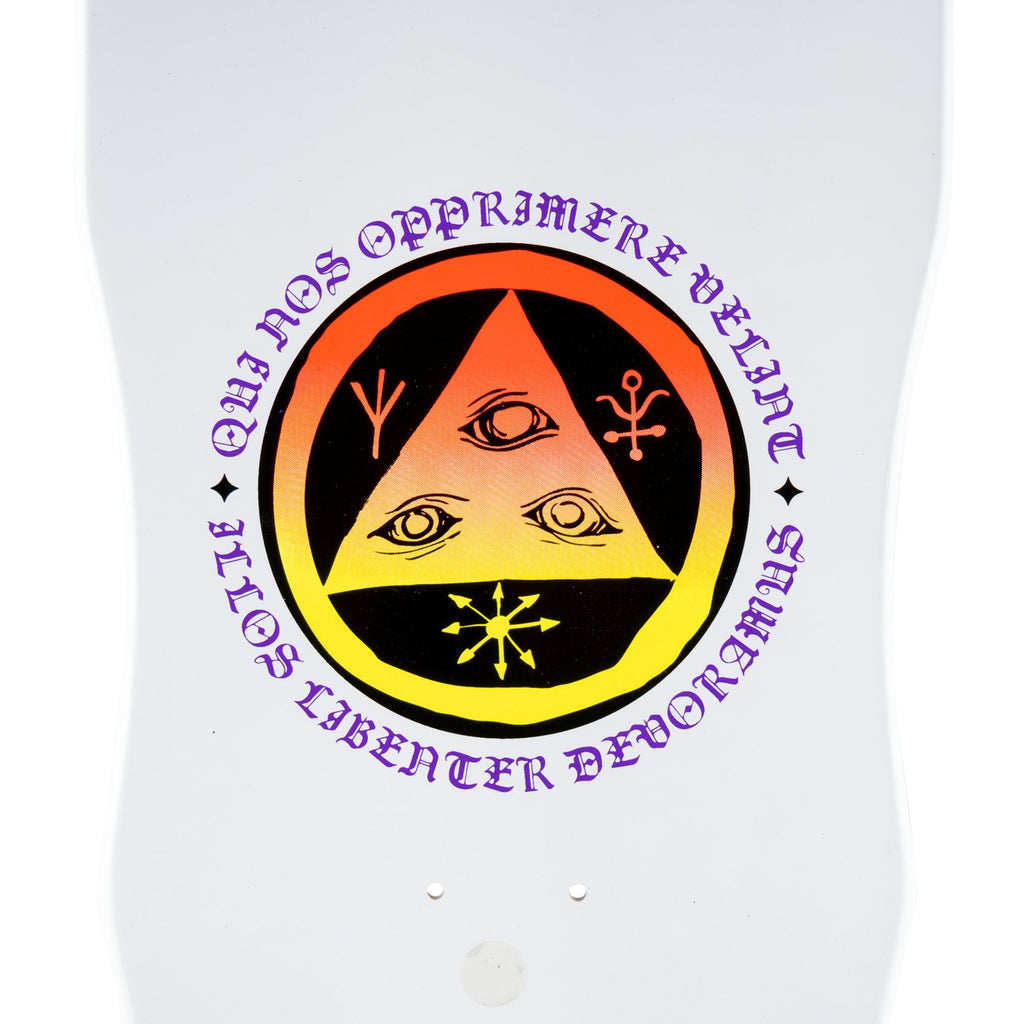 A white skateboard with the symbol from the WELCOME TRIGER ON DARK LORD WHITE DIP brand on it.