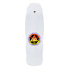 A WELCOME skateboard with the image of a triangle on it.