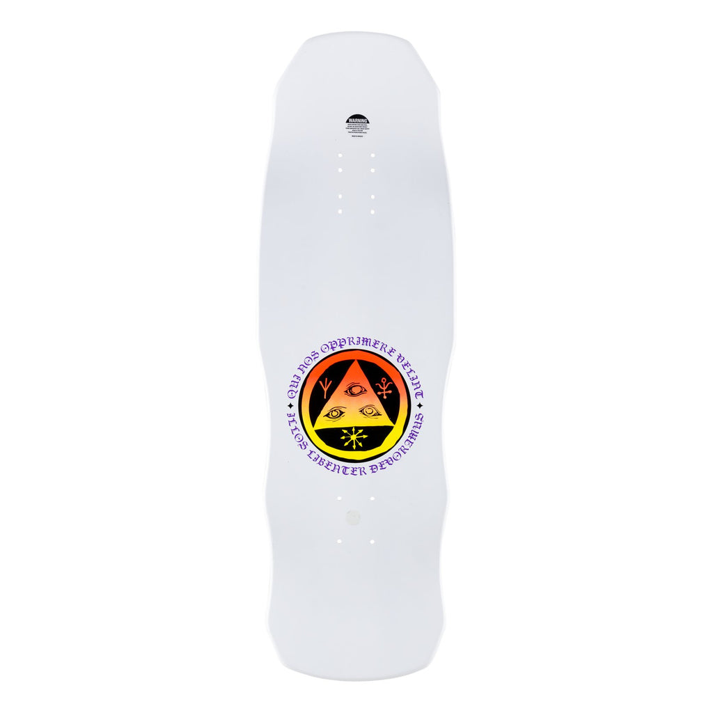 A WELCOME skateboard with the image of a triangle on it.