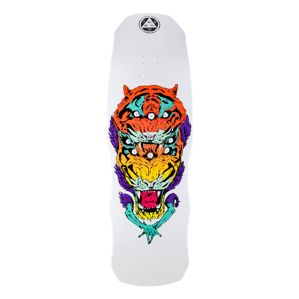 A white skateboard with a WELCOME TRIGER ON DARK LORD WHITE DIP design.