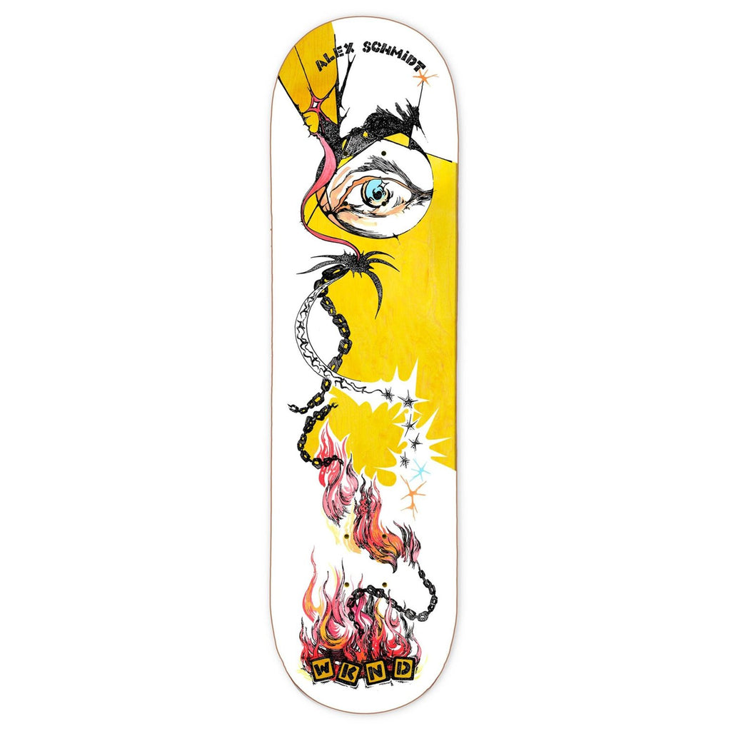 A WKND skateboard with a drawing of a face on it, featuring various stains and available in sizes 8.25 & 8.5