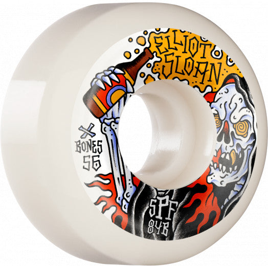 A white skateboard wheel with a cartoon character on it, the BONES SPF SLOAN HAMMERED P5 SIDECUT 56MM 84B from BONES.