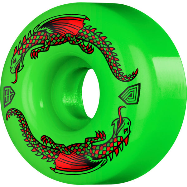 A POWELL PERALTA green skateboard wheel with a dragon on it, featuring the DRAGON FORMULA V1.