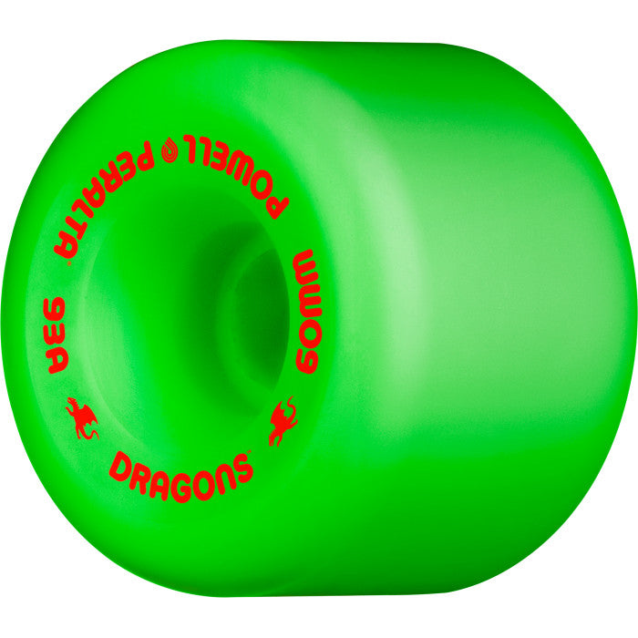 A POWELL PERALTA green skateboard wheel with red lettering on it.
