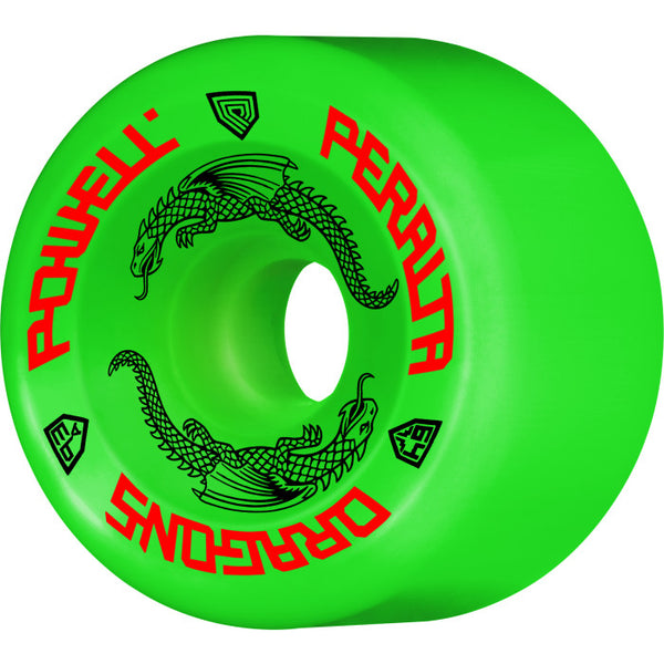 A green skateboard wheel with a dragon on it, part of the POWELL PERALTA Dragon Formula collection.