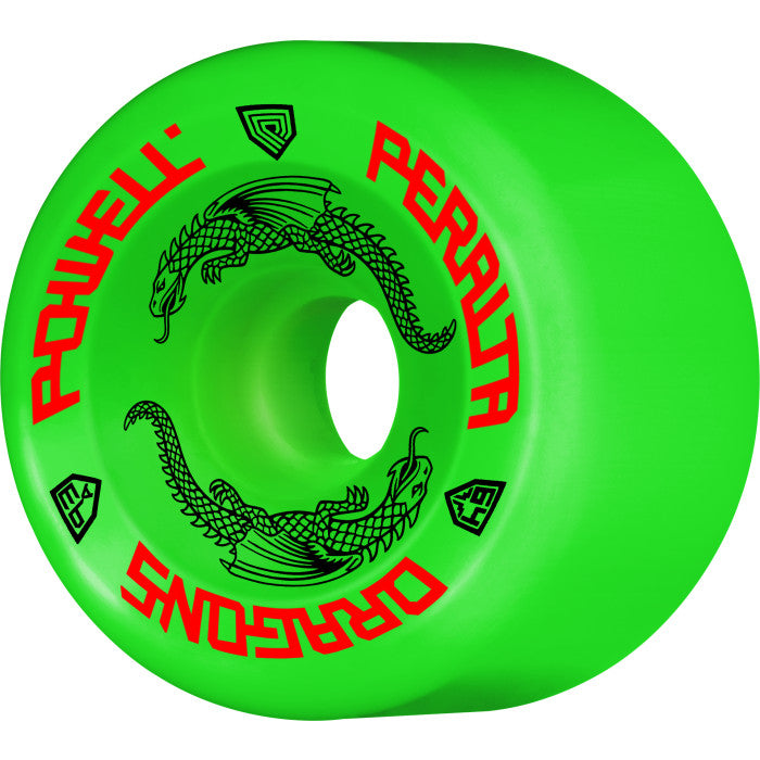 A green skateboard wheel with a dragon on it, part of the POWELL PERALTA Dragon Formula collection.