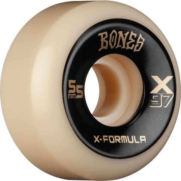 A white and black BONES skateboard wheel on a white background.