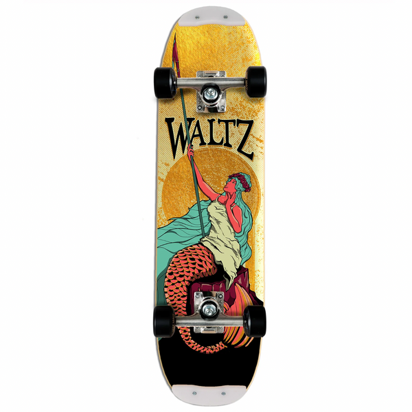 Introducing the WALTZ BIXBY FREESTYLE COMPLETE SIREN from WALTZ, featuring captivating artwork of a mermaid holding a spear against a bright background. Available in sizes 7.4 & 7.6, this skateboard is designed to elevate your tricks and style on the streets or at the park.