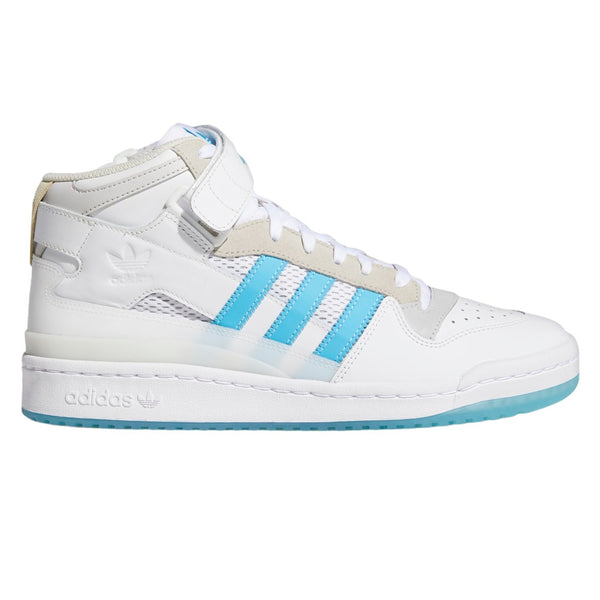 An ADIDAS shoe, specifically the ADIDAS DIEGO FORUM 84 MID ADV CHALK WHITE / CLOUD WHITE model, featuring a clean chalk white color scheme with blue stripes.