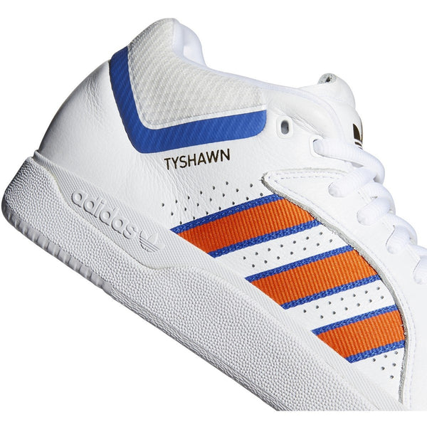 The ADIDAS TYSHAWN "KNICKS" WHITE / ORANGE / TEAM ROYAL BLUE shoes are white and orange.